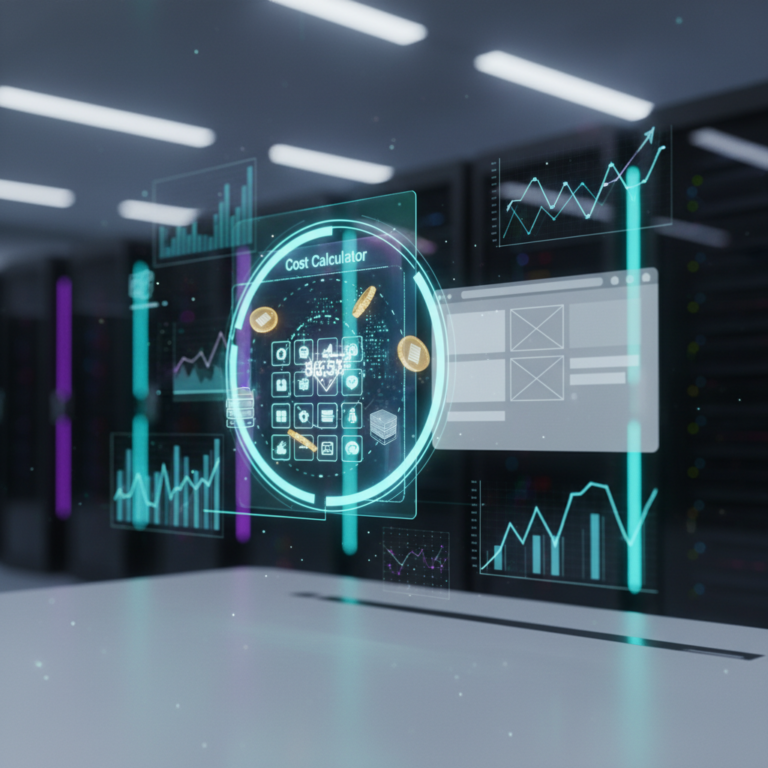Holographic VPS cost calculator with servers and charts in a futuristic data center.