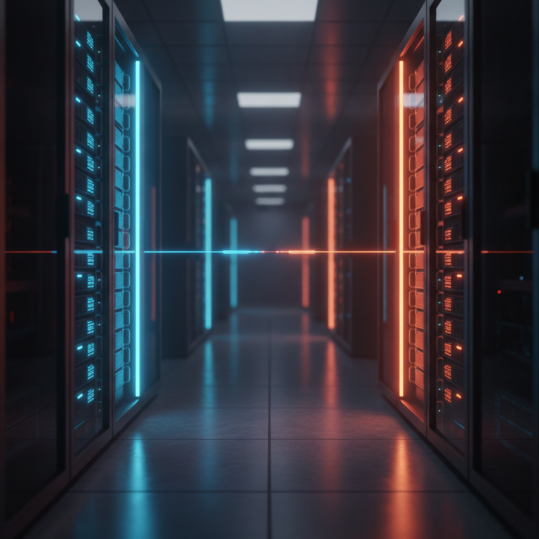 Blue and red LED server racks face each other in a sleek, futuristic data center.