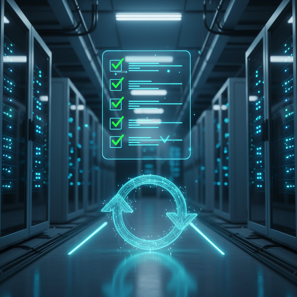 Futuristic data center with glowing holographic checklist and rollback arrow.