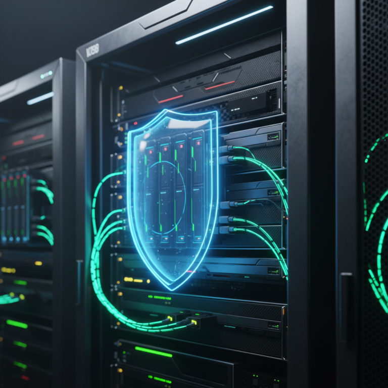 Futuristic server rack protected by a glowing blue holographic shield.