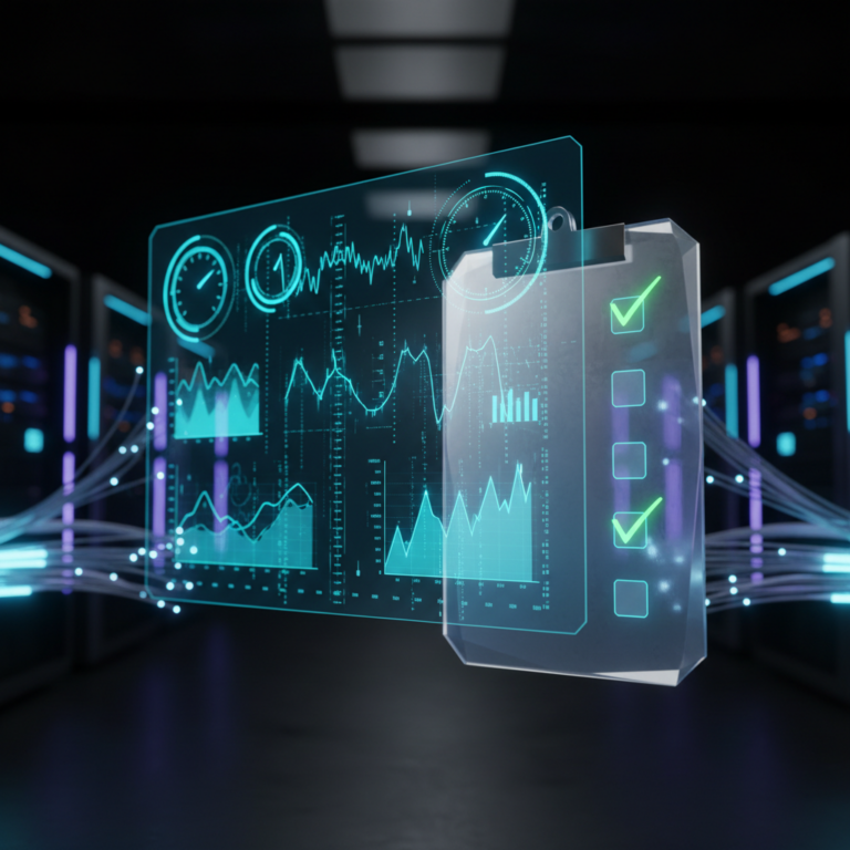 Holographic performance dashboard and glowing checklist in a dark, sleek server environment.