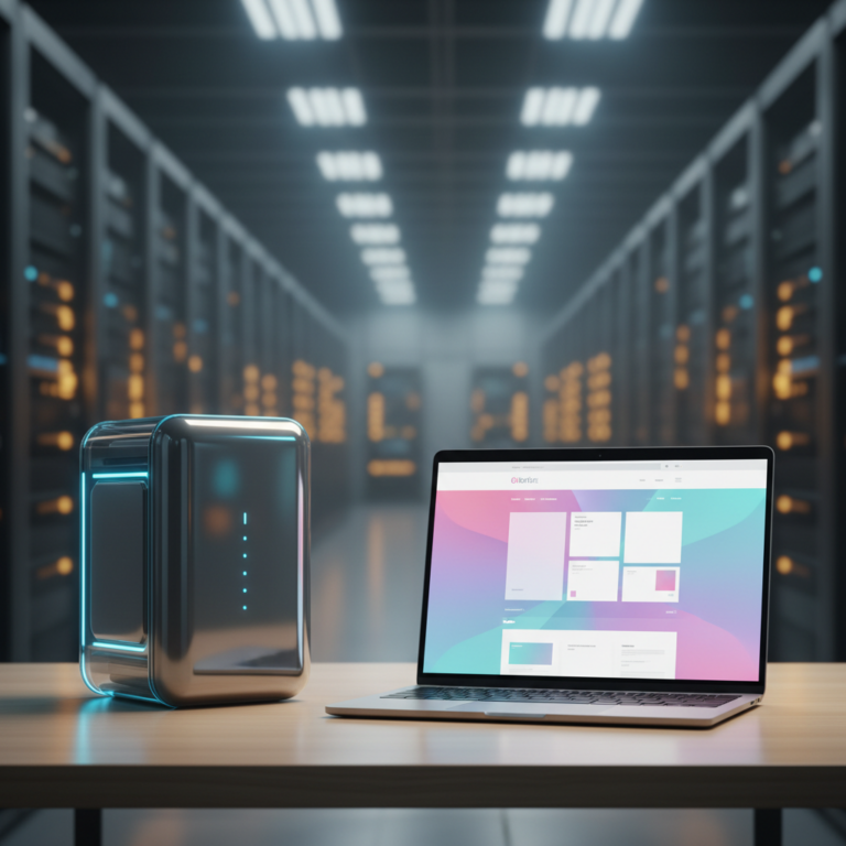 Glowing server and laptop showing a blank website layout in a blurred modern data center.