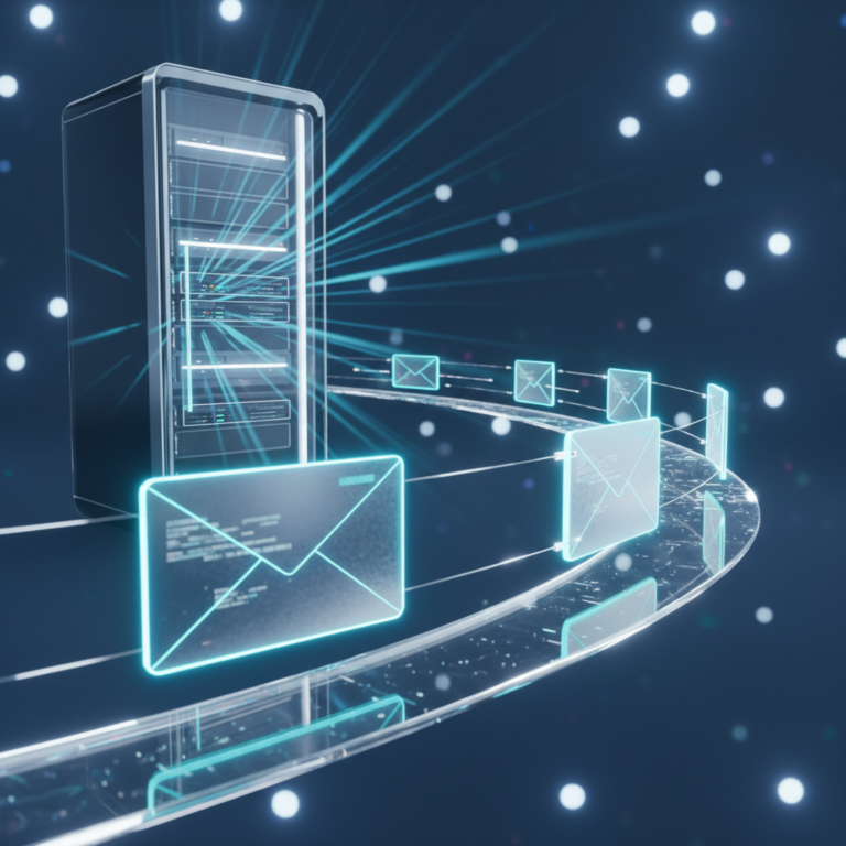 Futuristic glowing glass envelopes gliding through a blue data stream near a server rack.