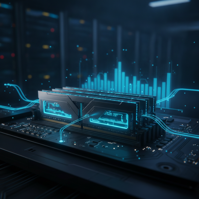 Glowing RAM sticks in a futuristic server with holographic data streams.