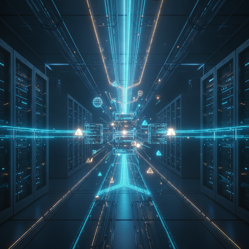 Futuristic data center with glowing cyan and gold holographic server blocks.