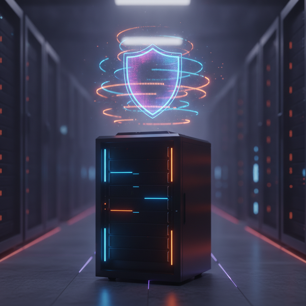 Futuristic VPS rack with glowing blue and orange lights, holographic shield, and data streams.
