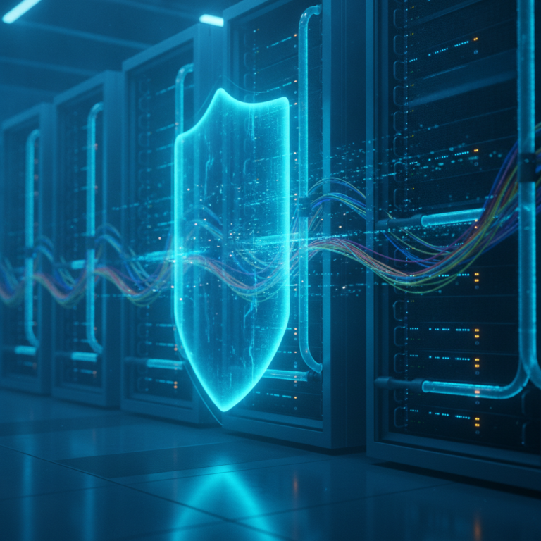 Futuristic server room with a holographic firewall shield filtering data streams.