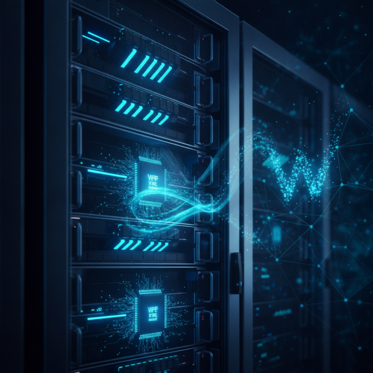 Futuristic server rack with glowing blue data streams and memory modules.