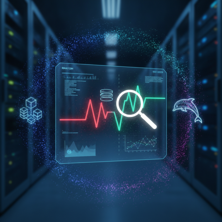 Holographic dashboard optimizing database queries, turning slow red data into fast green flow.