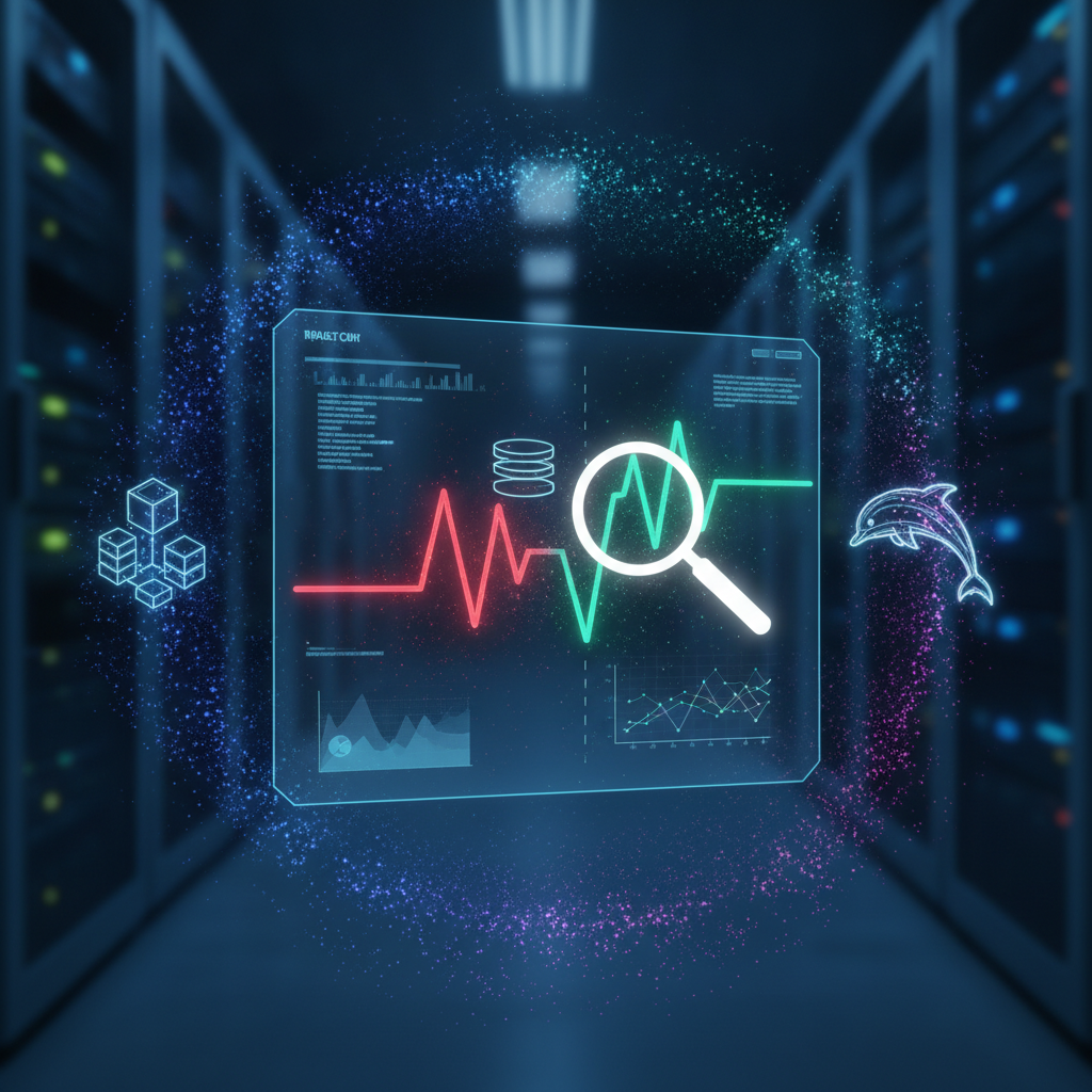 Holographic dashboard optimizing database queries, turning slow red data into fast green flow.