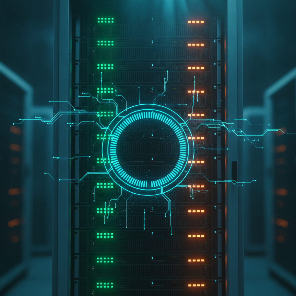 Futuristic server rack with glowing LEDs and holographic rings tracking VPS storage capacity.