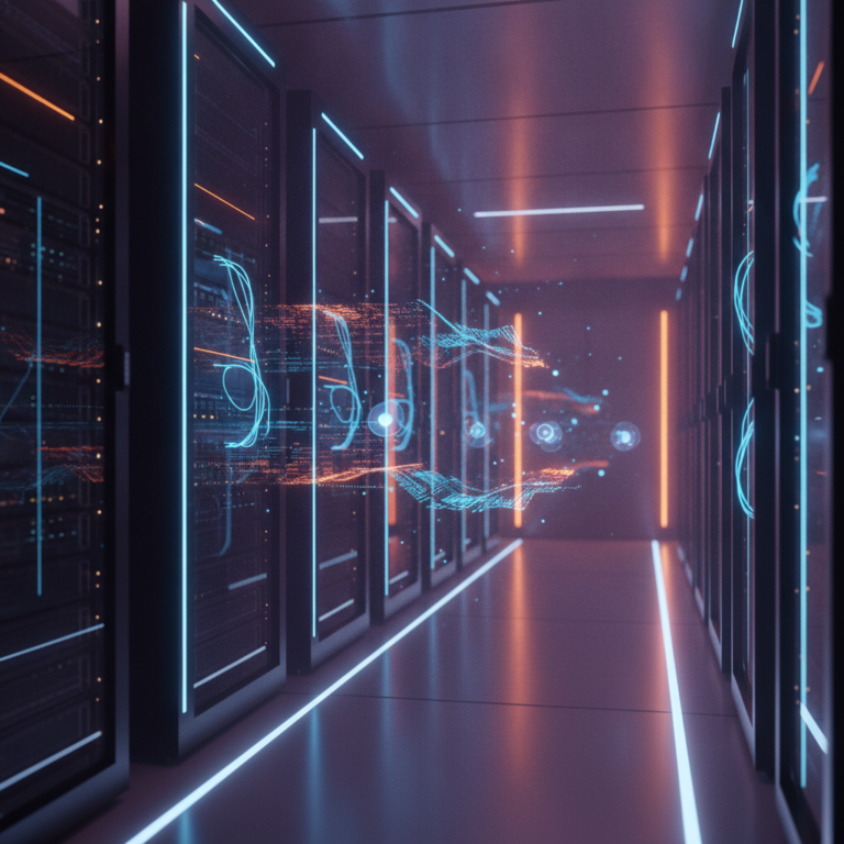 Futuristic IPv6 server room with glowing fiber optics and holographic data.