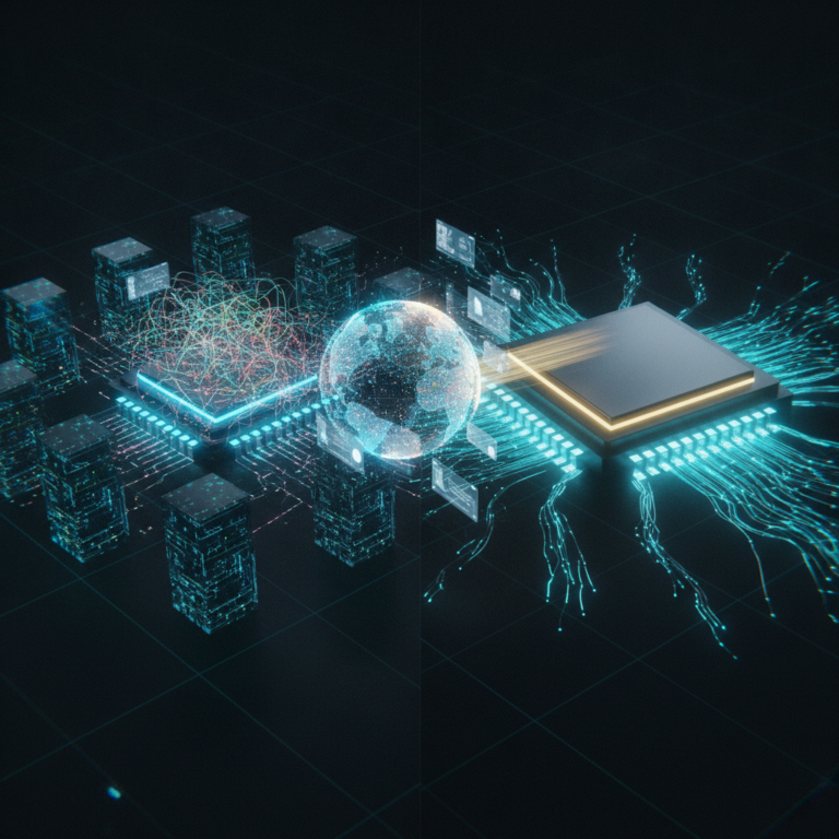 Futuristic 3D illustration comparing shared and dedicated CPU for web hosting.