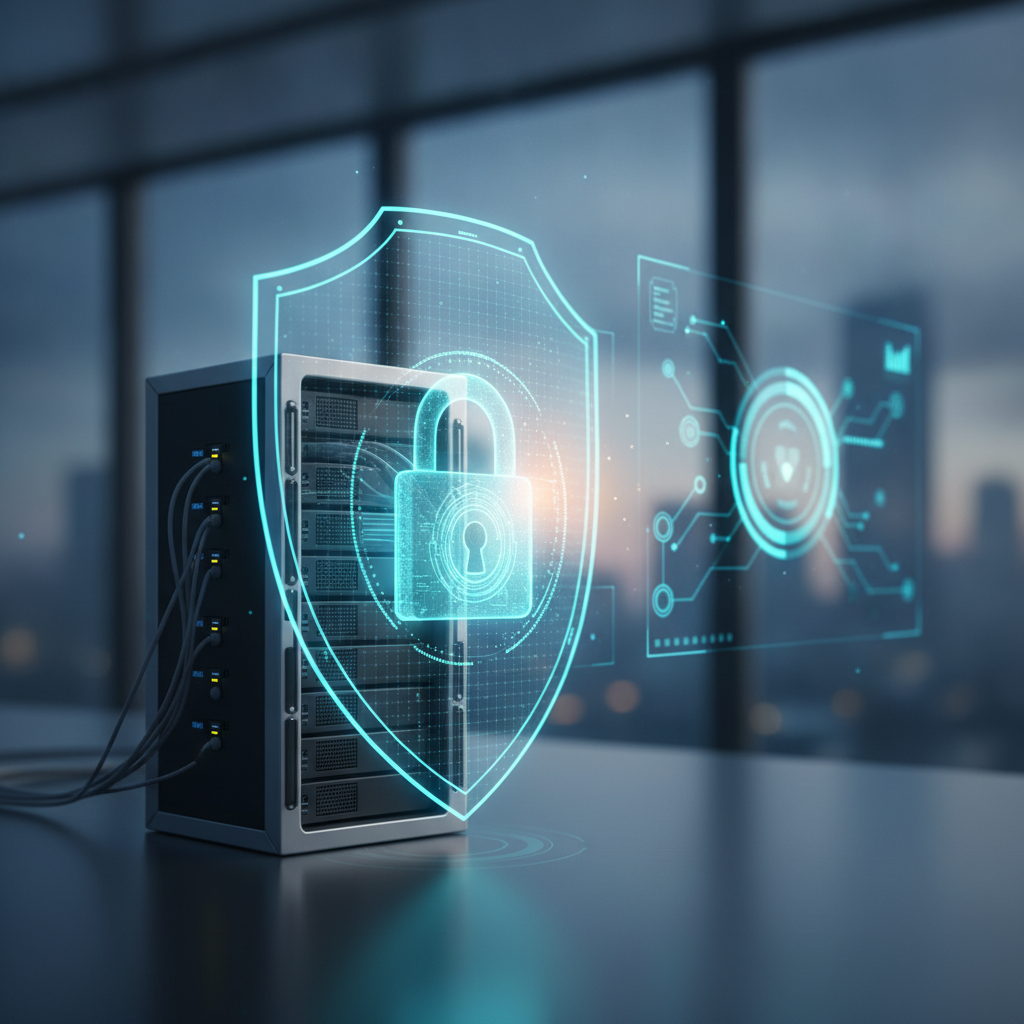 Glowing padlock and shield protecting a server rack with an expiration countdown timer