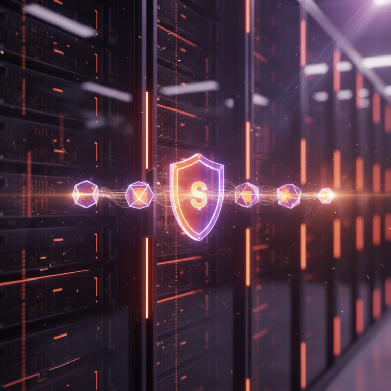Futuristic Ubuntu server with a glowing holographic shield and five neon data nodes.