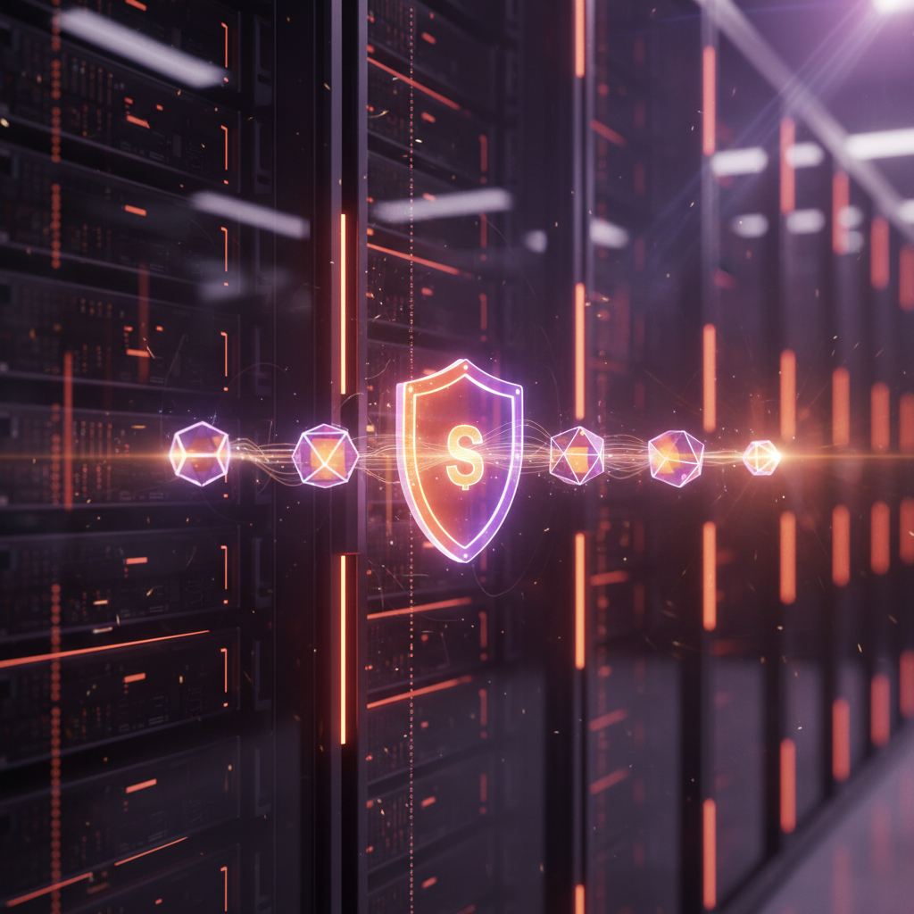 Futuristic Ubuntu server with a glowing holographic shield and five neon data nodes.